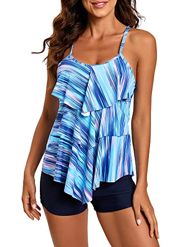 FLYILY Damen Zwei Stücke Tankini Rüschen Volant Geschichtet Bademode mit Boy Legs Shorts Rüschen Große Größen Bademode Badeanzug(Blueline,2XL) von FLYILY