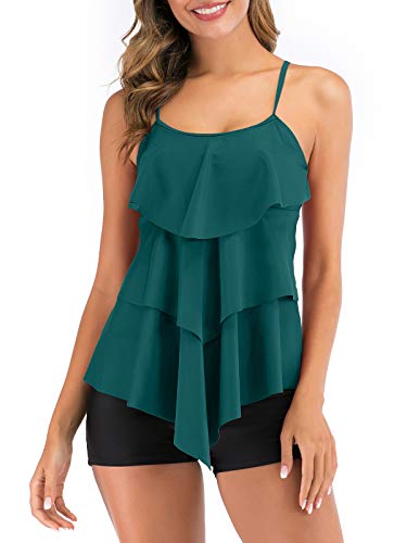 FLYILY Damen Zwei Stücke Tankini Rüschen Volant Geschichtet Bademode mit Boy Legs Shorts Rüschen Große Größen Bademode Badeanzug(DarkGreen,XXXL) von FLYILY