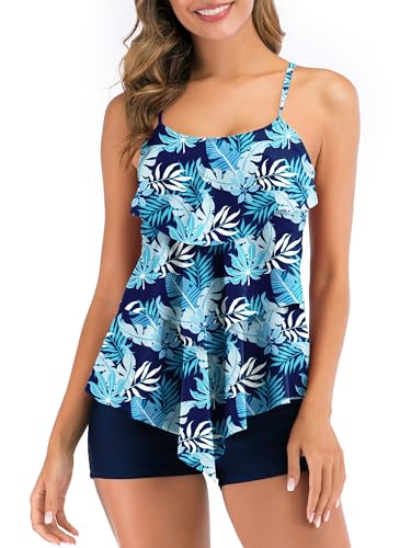 FLYILY Damen Zwei Stücke Tankini Rüschen Volant Geschichtet Bademode mit Boy Legs Shorts Rüschen Große Größen Bademode Badeanzug(DeepGreen,M) von FLYILY