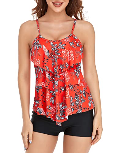 FLYILY Damen Zwei Stücke Tankini Rüschen Volant Geschichtet Bademode mit Boy Legs Shorts Rüschen Große Größen Bademode Badeanzug(FloralRed,2XL) von FLYILY