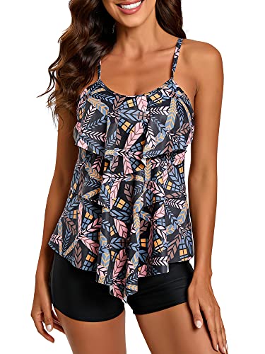 FLYILY Damen Zwei Stücke Tankini Rüschen Volant Geschichtet Bademode mit Boy Legs Shorts Rüschen Große Größen Bademode Badeanzug(GrayLeaf,2XL) von FLYILY