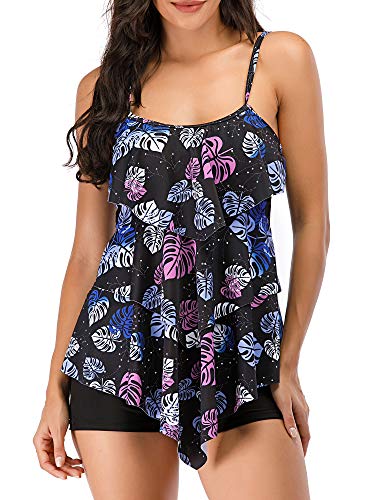 FLYILY Damen Zwei Stücke Tankini Rüschen Volant Geschichtet Bademode mit Boy Legs Shorts Rüschen Große Größen Bademode Badeanzug(MutilLeaf,M) von FLYILY