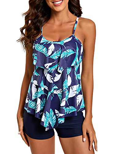 FLYILY Damen Zwei Stücke Tankini Rüschen Volant Geschichtet Bademode mit Boy Legs Shorts Rüschen Große Größen Bademode Badeanzug(NavyLeaf,XL) von FLYILY