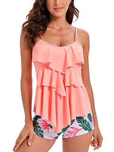 FLYILY Damen Zwei Stücke Tankini Rüschen Volant Geschichtet Bademode mit Boy Legs Shorts Rüschen Große Größen Bademode Badeanzug(Orange,XL) von FLYILY