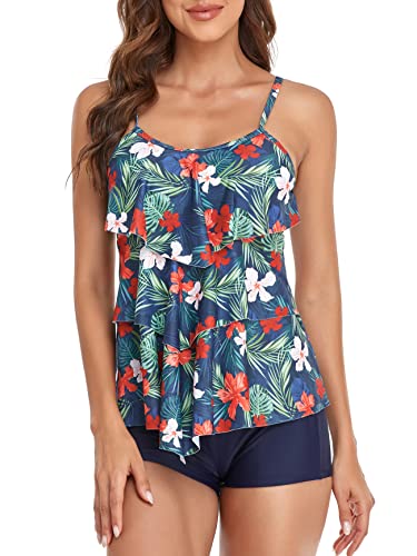 FLYILY Damen Zwei Stücke Tankini Rüschen Volant Geschichtet Bademode mit Boy Legs Shorts Rüschen Große Größen Bademode Badeanzug(OrangeFlower,3XL) von FLYILY