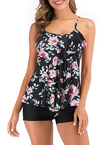 FLYILY Damen Zwei Stücke Tankini Rüschen Volant Geschichtet Bademode mit Boy Legs Shorts Rüschen Große Größen Bademode Badeanzug(PinkFlower,XL) von FLYILY