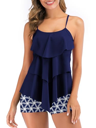 FLYILY Damen Zwei Stücke Tankini Rüschen Volant Geschichtet Bademode mit Boy Legs Shorts Rüschen Große Größen Bademode Badeanzug(Starfish,3XL) von FLYILY