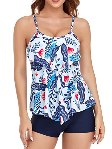 FLYILY Damen Zwei Stücke Tankini Rüschen Volant Geschichtet Bademode mit Boy Legs Shorts Rüschen Große Größen Bademode Badeanzug(WhiteBlue,2XL) von FLYILY