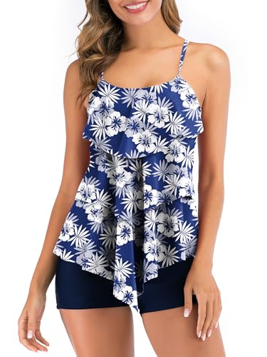 FLYILY Damen Zwei Stücke Tankini Rüschen Volant Geschichtet Bademode mit Boy Legs Shorts Rüschen Große Größen Bademode Badeanzug(WhitePrint,XL) von FLYILY