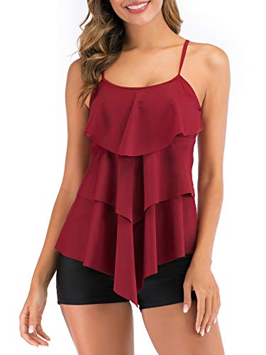 FLYILY Damen Zwei Stücke Tankini Rüschen Volant Geschichtet Bademode mit Boy Legs Shorts Rüschen Große Größen Bademode Badeanzug(WineRed,XXL) von FLYILY