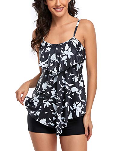 FLYILY Damen Zwei Stücke Tankini Rüschen Volant Geschichtet Bademode mit Boy Legs Shorts Rüschen Große Größen Bademode Badeanzug (BlackLeaf, M) von FLYILY