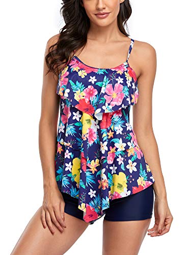 FLYILY Damen Zwei Stücke Tankini Rüschen Volant Geschichtet Bademode mit Boy Legs Shorts Rüschen Große Größen Bademode Badeanzug (Colorful, XL) von FLYILY