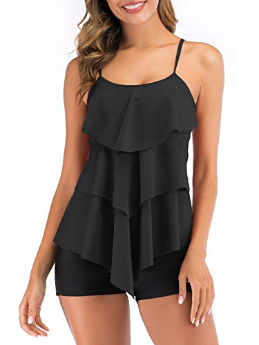 FLYILY Damen Zwei Stücke Tankini Rüschen Volant Geschichtet Bademode mit Boy Legs Shorts Rüschen Große Größen Bademode Badeanzug(Black,M) von FLYILY