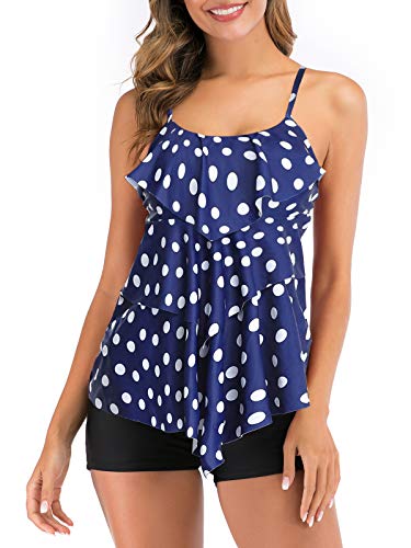 FLYILY Damen Zwei Stücke Tankini Rüschen Volant Geschichtet Bademode mit Boy Legs Shorts Rüschen Große Größen Bademode Badeanzug(BlueDot,XXXL) von FLYILY