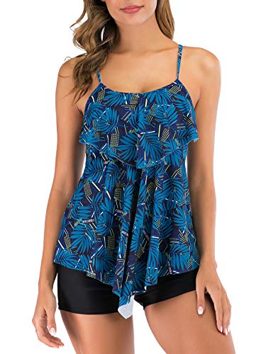 FLYILY Damen Zwei Stücke Tankini Rüschen Volant Geschichtet Bademode mit Boy Legs Shorts Rüschen Große Größen Bademode Badeanzug(BlueLeaf,L) von FLYILY
