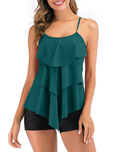 FLYILY Damen Zwei Stücke Tankini Rüschen Volant Geschichtet Bademode mit Boy Legs Shorts Rüschen Große Größen Bademode Badeanzug(DarkGreen,XL) von FLYILY