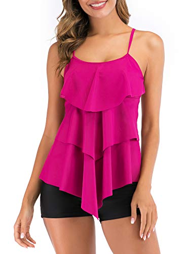 FLYILY Damen Zwei Stücke Tankini Rüschen Volant Geschichtet Bademode mit Boy Legs Shorts Rüschen Große Größen Bademode Badeanzug(RoseRed,L) von FLYILY