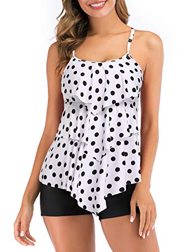 FLYILY Damen Zwei Stücke Tankini Rüschen Volant Geschichtet Bademode mit Boy Legs Shorts Rüschen Große Größen Bademode Badeanzug(WhiteDot,L) von FLYILY