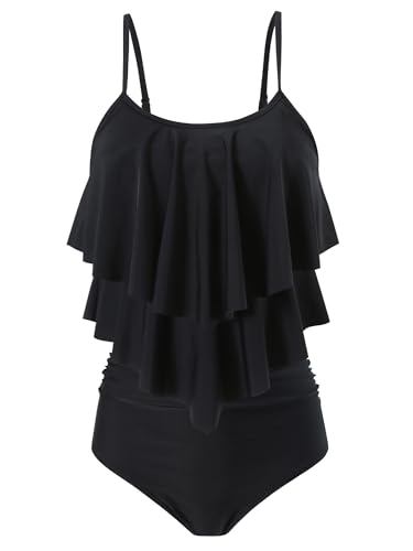 FLYILY Damen Zweiteiler Badeanzug mit High Waist Shorts Tankini Sets mit Doppel-Rüschen(2-Black,M) von FLYILY