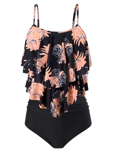 FLYILY Damen Zweiteiler Badeanzug mit High Waist Shorts Tankini Sets mit Doppel-Rüschen(2-BlackFlower,S) von FLYILY