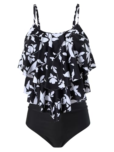FLYILY Damen Zweiteiler Badeanzug mit High Waist Shorts Tankini Sets mit Doppel-Rüschen(2-BlackLeaf,L) von FLYILY