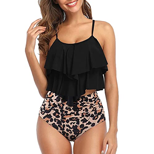 FLYILY Damen Zweiteiler Badeanzug mit High Waist Shorts Tankini Sets mit Doppel-Rüschen(2-BlackLeopard,M) von FLYILY