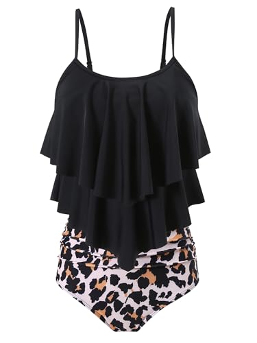 FLYILY Damen Zweiteiler Badeanzug mit High Waist Shorts Tankini Sets mit Doppel-Rüschen(2-BlackLeopard,M) von FLYILY