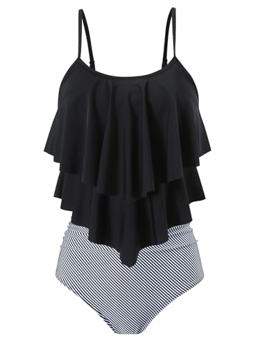 FLYILY Damen Zweiteiler Badeanzug mit High Waist Shorts Tankini Sets mit Doppel-Rüschen(2-BlackStripe,M) von FLYILY
