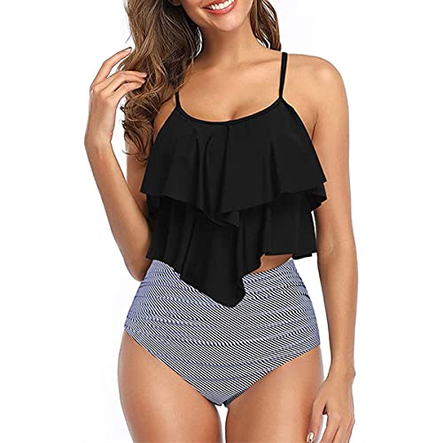 FLYILY Damen Zweiteiler Badeanzug mit High Waist Shorts Tankini Sets mit Doppel-Rüschen(2-BlackStripe,XL) von FLYILY