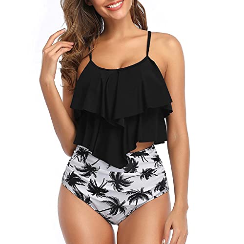 FLYILY Damen Zweiteiler Badeanzug mit High Waist Shorts Tankini Sets mit Doppel-Rüschen(2-BlackTree,L) von FLYILY