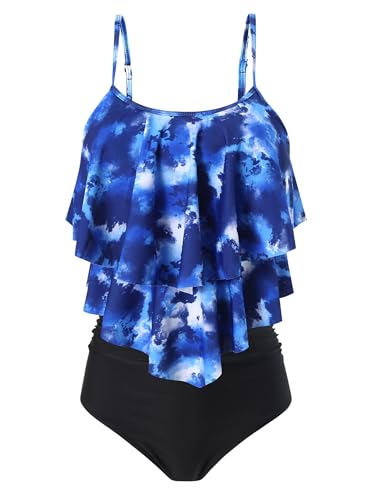FLYILY Damen Zweiteiler Badeanzug mit High Waist Shorts Tankini Sets mit Doppel-Rüschen(2-Blueprint,M) von FLYILY