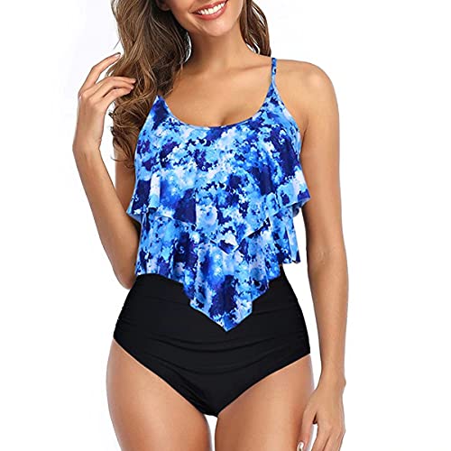 FLYILY Damen Zweiteiler Badeanzug mit High Waist Shorts Tankini Sets mit Doppel-Rüschen(2-Blueprint,S) von FLYILY