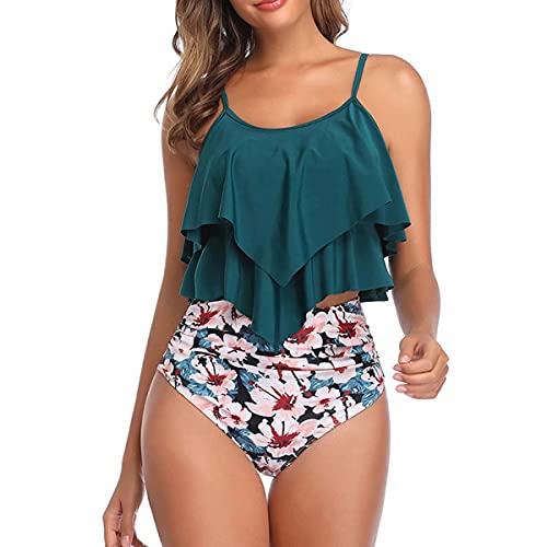 FLYILY Damen Zweiteiler Badeanzug mit High Waist Shorts Tankini Sets mit Doppel-Rüschen(2-GreenFlower,L) von FLYILY