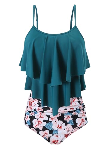 FLYILY Damen Zweiteiler Badeanzug mit High Waist Shorts Tankini Sets mit Doppel-Rüschen(2-GreenFlower,M) von FLYILY