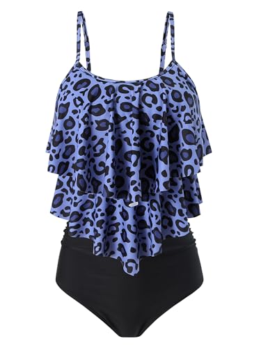 FLYILY Damen Zweiteiler Badeanzug mit High Waist Shorts Tankini Sets mit Doppel-Rüschen(2-NavyLeopard,S) von FLYILY