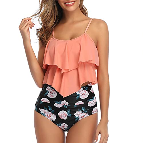 FLYILY Damen Zweiteiler Badeanzug mit High Waist Shorts Tankini Sets mit Doppel-Rüschen(2-OrganFlower,L) von FLYILY