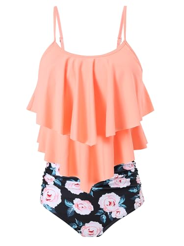 FLYILY Damen Zweiteiler Badeanzug mit High Waist Shorts Tankini Sets mit Doppel-Rüschen(2-OrganFlower,M) von FLYILY