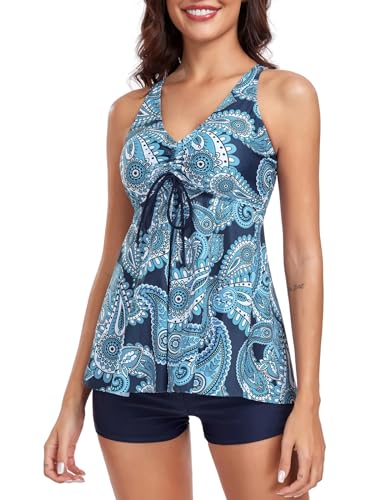 FLYILY Damen Zweiteilig Badeanzug Vorner Schnüren Racerback Bademode Plus Größe Tankini Set mit Boyshort(Blueprint,3XL) von FLYILY