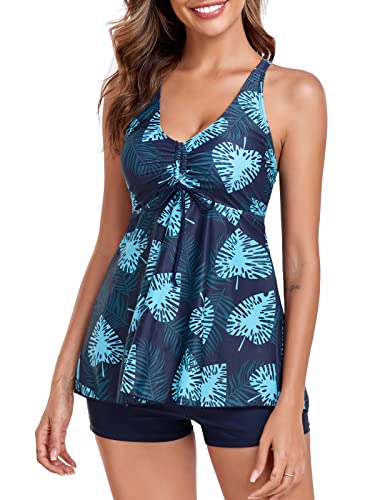 FLYILY Damen Zweiteilig Badeanzug Vorner Schnüren Racerback Bademode Plus Größe Tankini Set mit Boyshort(Greenleaf,M) von FLYILY