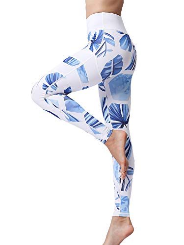 FLYILY FLYILY Damen Bedruckte Yogahose Hoch taillierte Leggings für Fitness Laufen mit Taschen BlueLeaf, S von FLYILY