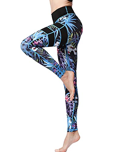 FLYILY Frauen Yoga Pants Gedruckt hohe Taillen-Power Flex Capris Workout Gamaschen für Fitness Laufen(BlackLeaf,M) von FLYILY