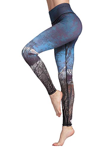 FLYILY Frauen Yoga Pants Gedruckt hohe Taillen-Power Flex Capris Workout Gamaschen für Fitness Laufen(BlackNight,L) von FLYILY