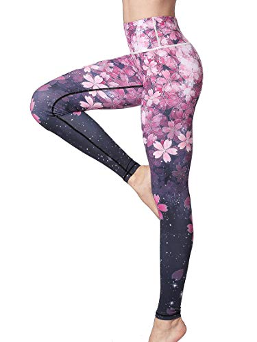 FLYILY Frauen Yoga Pants Gedruckt hohe Taillen-Power Flex Capris Workout Gamaschen für Fitness Laufen(Cherry,L) von FLYILY