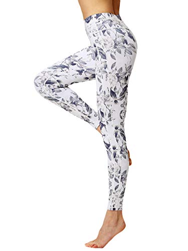 FLYILY Frauen Yoga Pants Gedruckt hohe Taillen-Power Flex Capris Workout Gamaschen für Fitness Laufen(GreyLeaf,M) von FLYILY