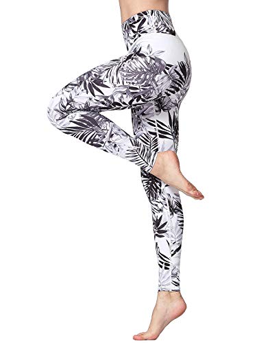 FLYILY Frauen Yoga Pants Gedruckt hohe Taillen-Power Flex Capris Workout Gamaschen für Fitness Laufen(WhiteLeaf,M) von FLYILY