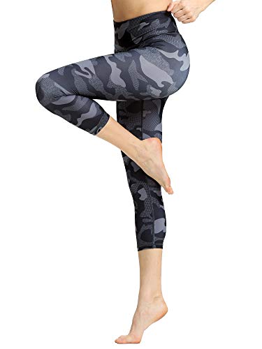 FLYILY Sporthose Damen Capri Yogahosen für Damen Elastische Tummy Control Yogahose Training Tights Yoga Hosen 3/4 Sporthose Laufhose(BlackCamouflage,XL) von FLYILY