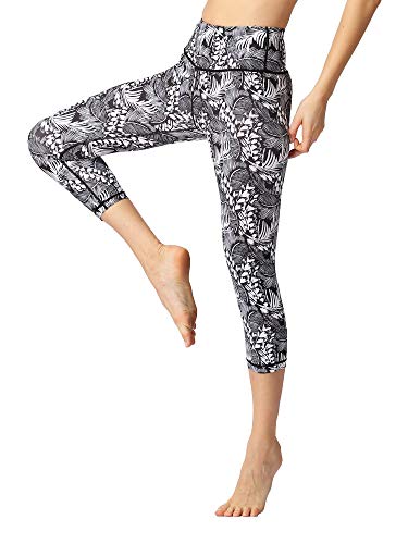 FLYILY Sporthose Damen Capri Yogahosen für Damen Elastische Tummy Control Yogahose Training Tights Yoga Hosen 3/4 Sporthose Laufhose(BlackLeaf,L) von FLYILY