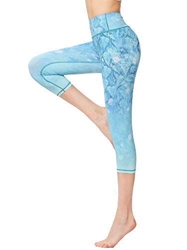 FLYILY Sporthose Damen Capri Yogahosen für Damen Elastische Tummy Control Yogahose Training Tights Yoga Hosen 3/4 Sporthose Laufhose(LightBlue,XL) von FLYILY