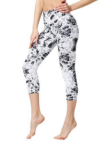 FLYILY Sporthose Damen Capri Yogahosen für Damen Elastische Tummy Control Yogahose Training Tights Yoga Hosen 3/4 Sporthose Laufhose(WhiteFlower,L) von FLYILY