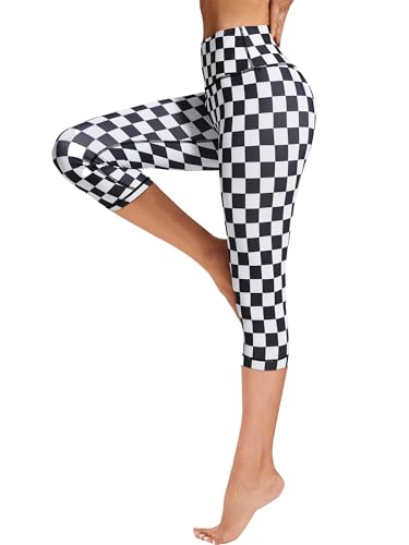 FLYILY Sporthose Damen Capri Yogahosen für Damen Elastische Tummy Control Yogahose Training Tights Yoga Hosen 3/4 Sporthose Laufhose(Blackwhite,L) von FLYILY